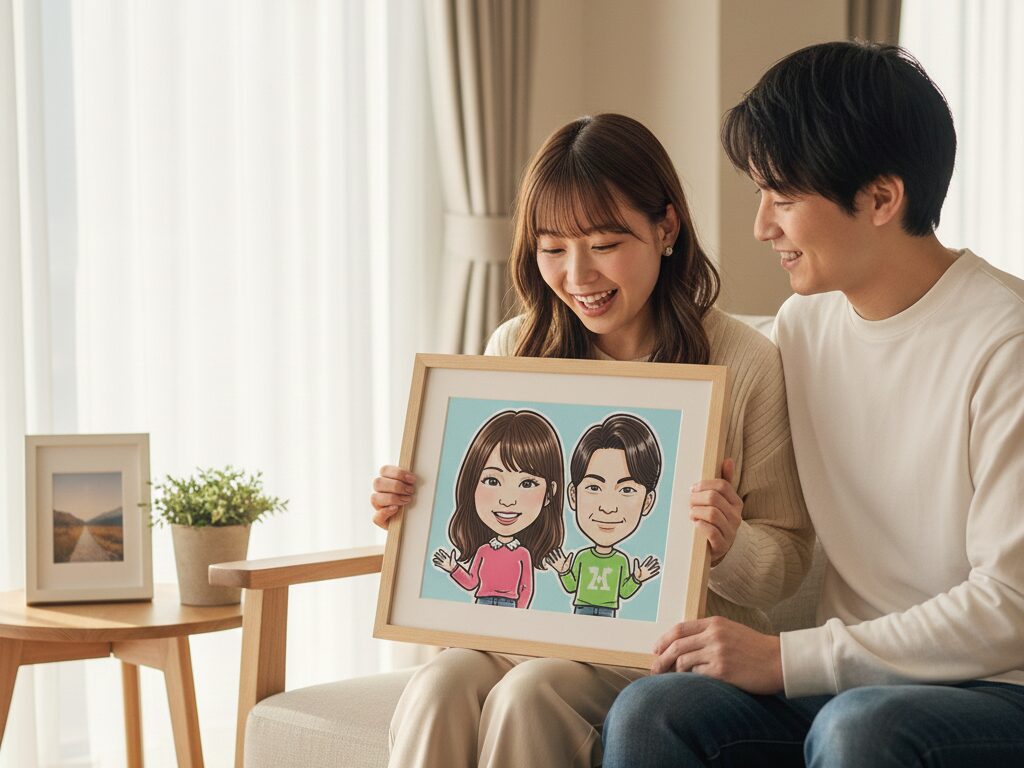 似顔絵をもらって喜んでいる女性の写真