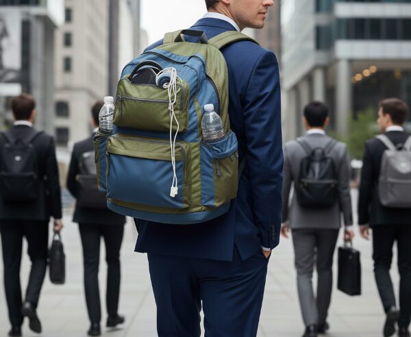 カジュアルなリュックで通勤しているサラリーマンの写真