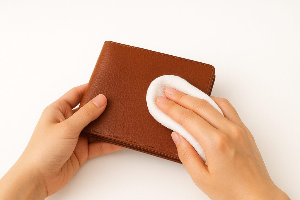 濡れた布で財布を拭く写真