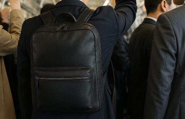 満員電車でリュックを背負っているサラリーマンの写真