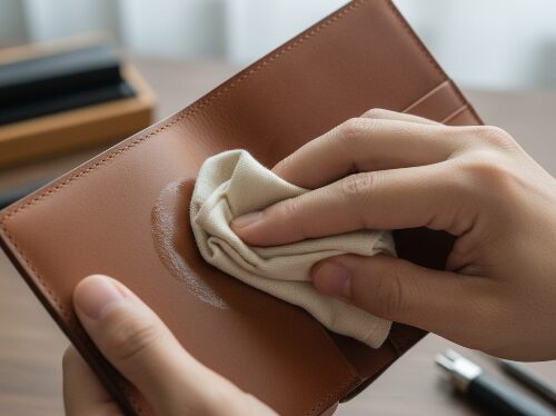 汚れを拭かれている財布の写真