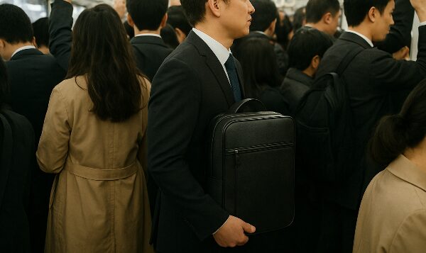 満員電車でリュックを抱えているサラリーマンの写真