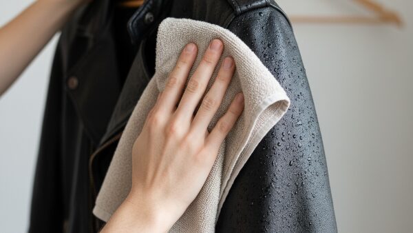 水がついた革ジャンを拭き取る写真
