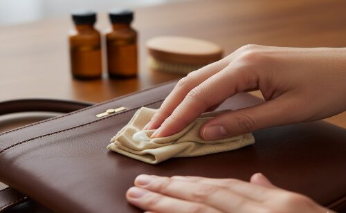 クリーナーでカバンを吹いている写真