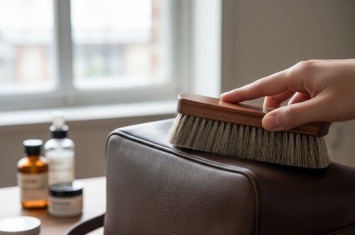 馬毛ブラシでお手入れしている写真