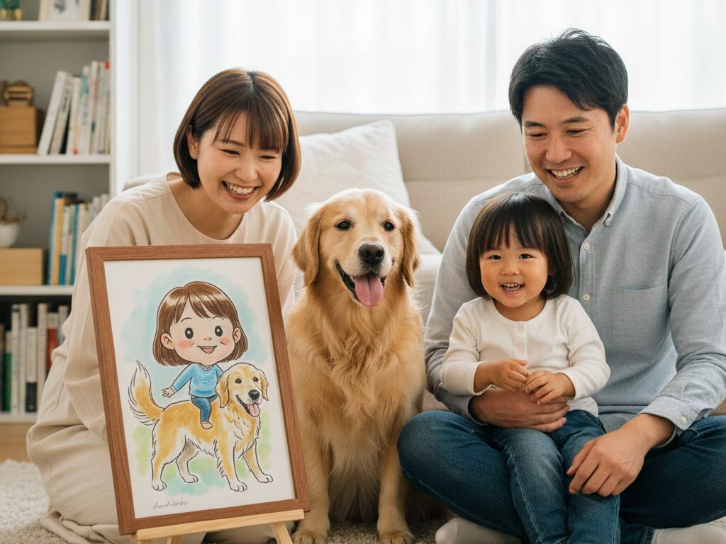子供と犬の似顔絵を見る家族の写真