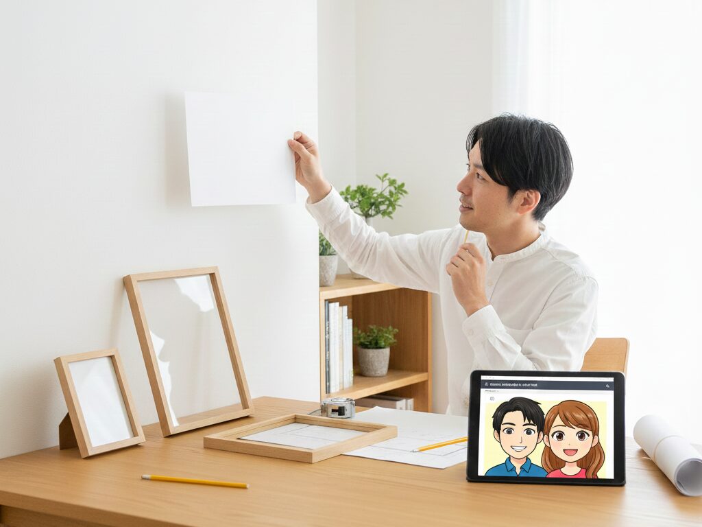 似顔絵を壁に貼ったイメージをしている男性の写真