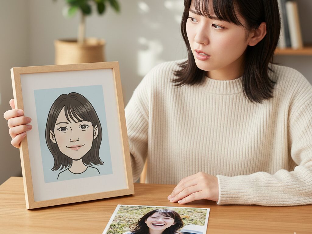 似顔絵が気に入っていない女性の写真