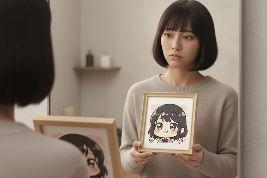 似顔絵が似ているか鏡で確認している女性の写真