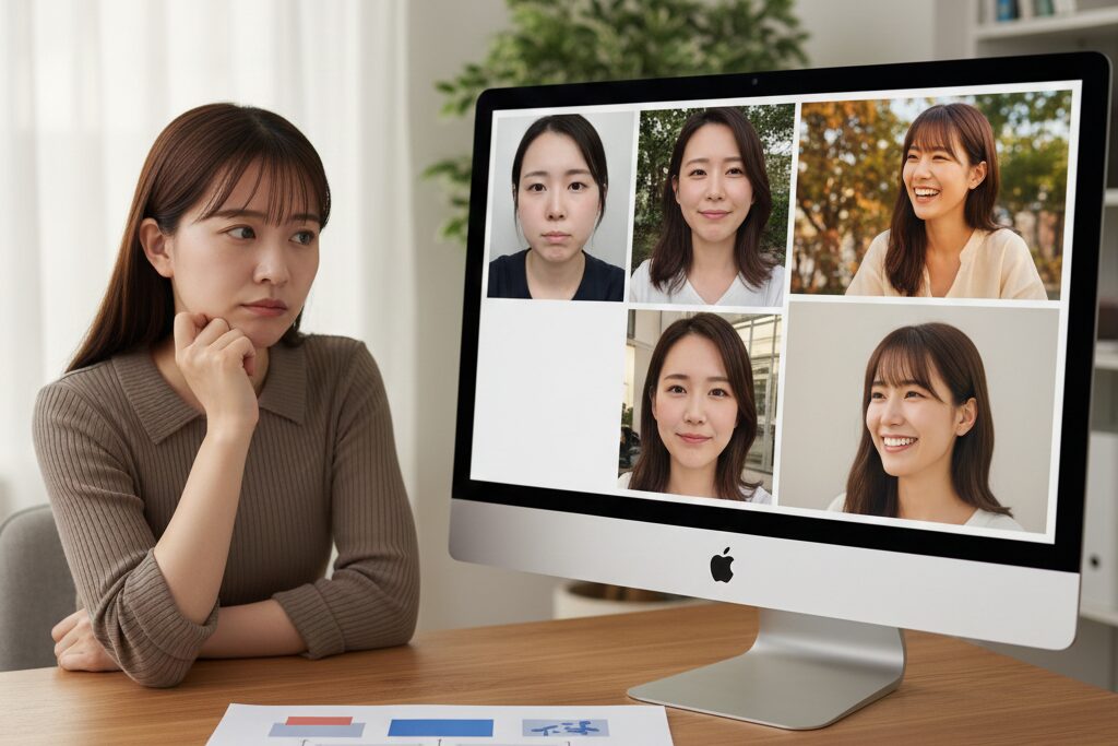 写真選びで悩んでいる女性の写真