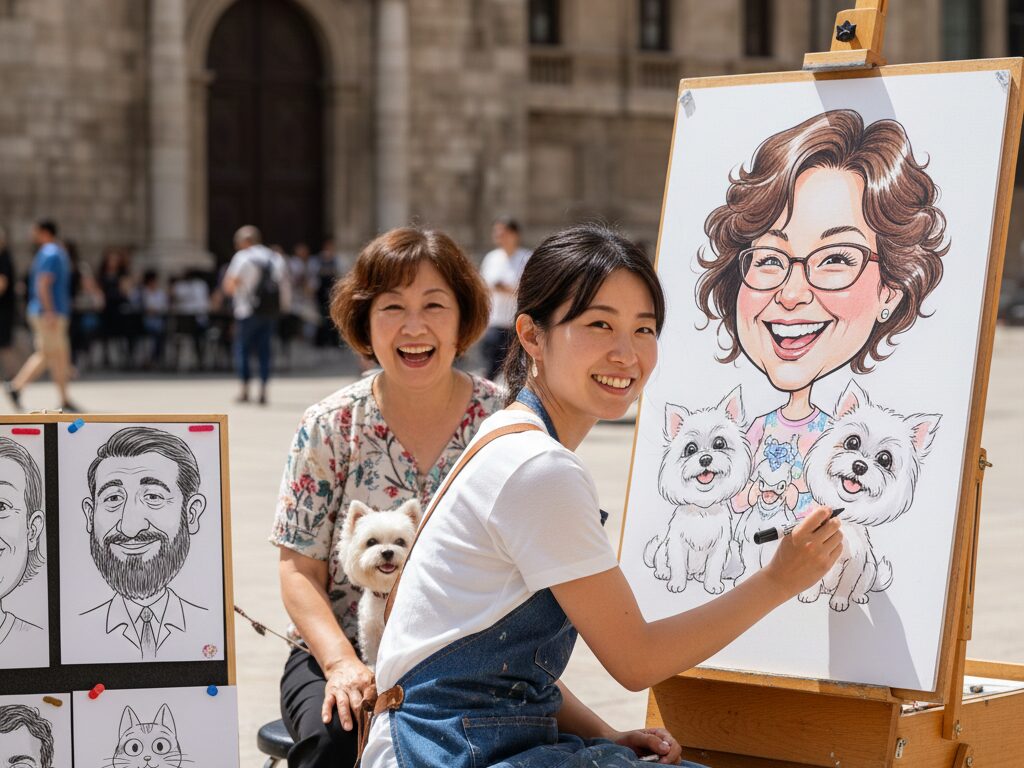 似顔絵を書いてもらっている女性の写真