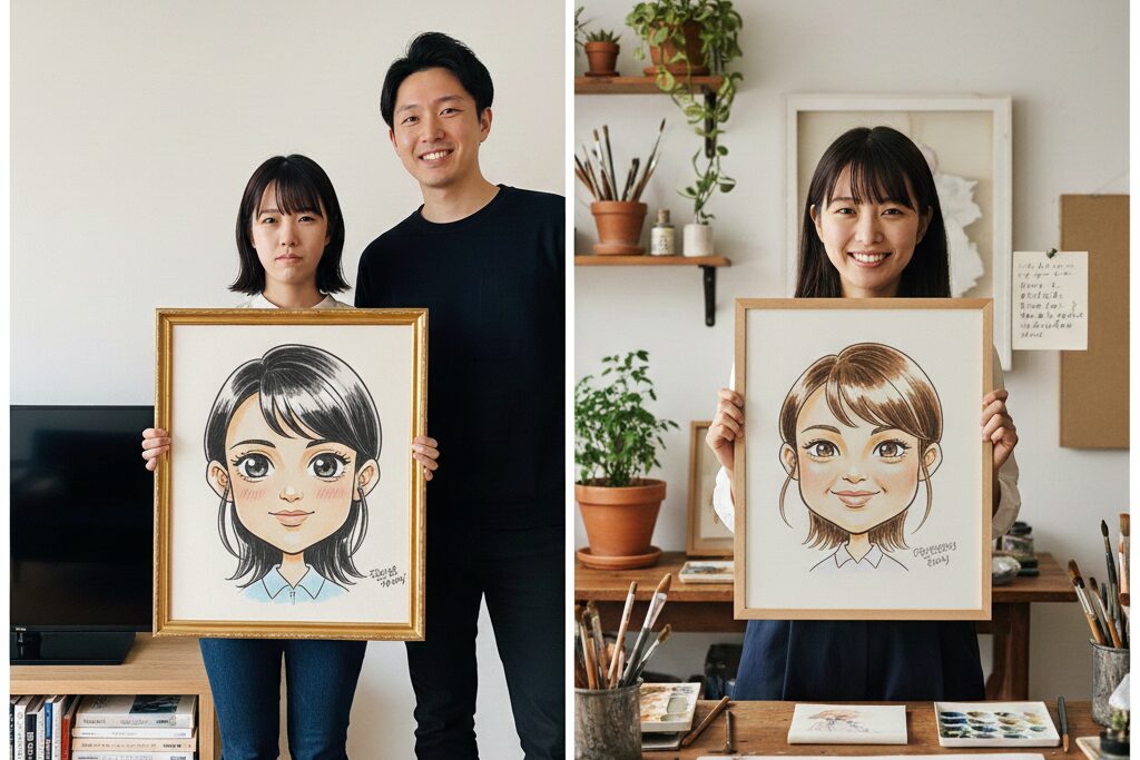 似顔絵をもらって喜ぶ女の子と嬉しくなさそうな女の子の写真