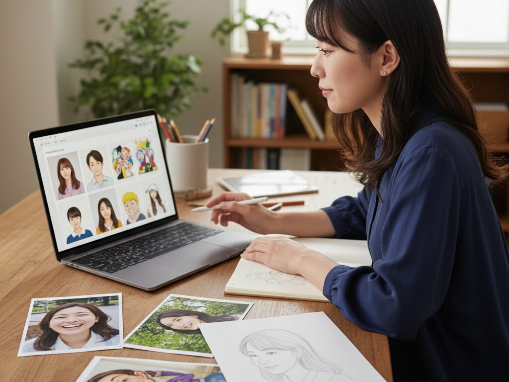 似顔絵の写真を選んでいる写真