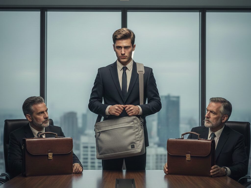 立場に合わないバッグを持っている若い男性の写真