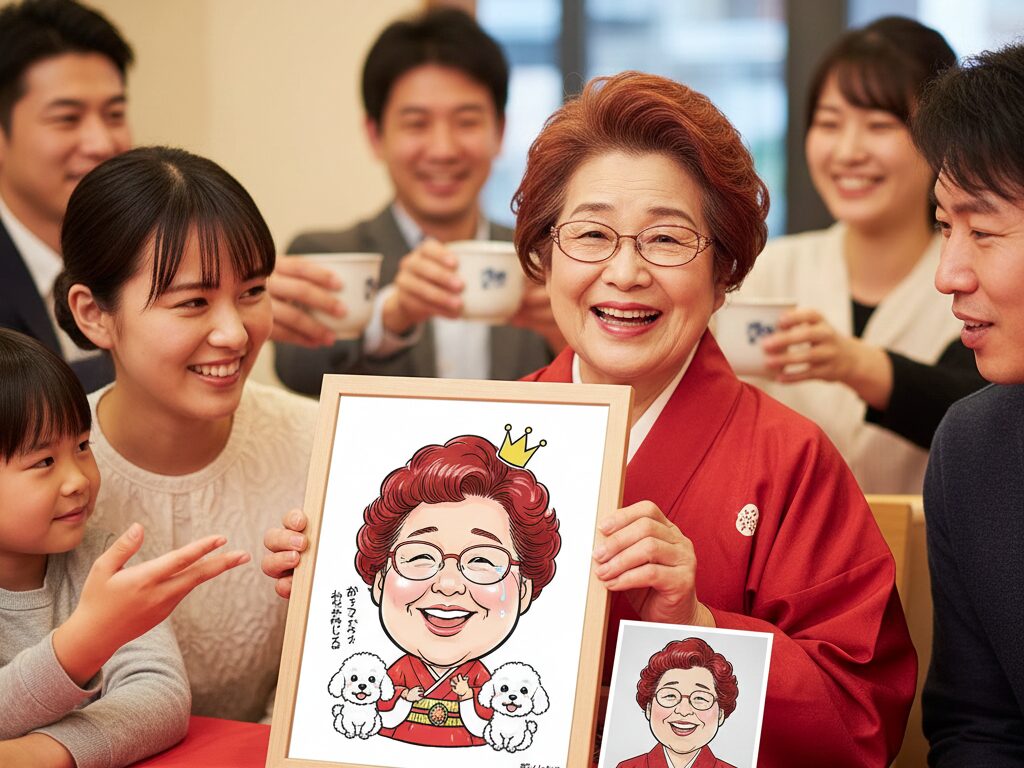 似顔絵をもらって喜んでいる女性の写真