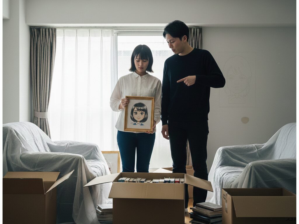 似顔絵の処分をどうするか悩んでいるカップルの写真