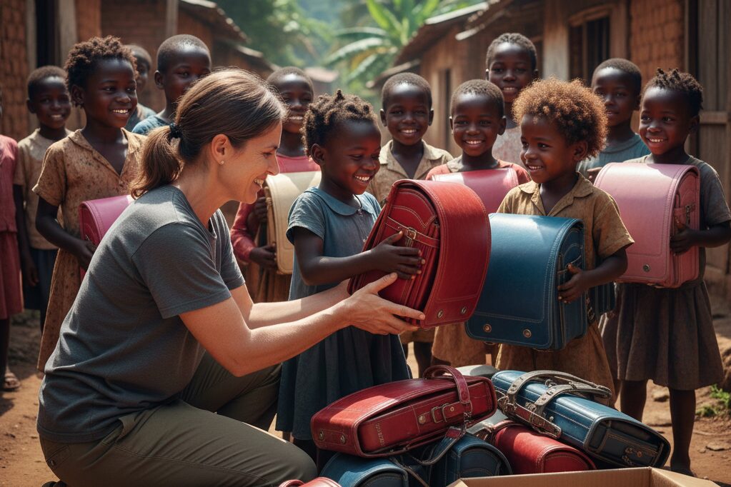 寄付されたランドセルを受け取る外国の子供の写真
