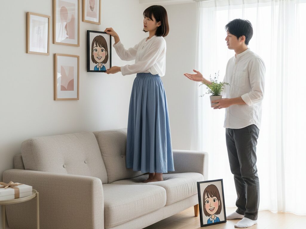 似顔絵を飾る場所を悩んでいるカップルの写真