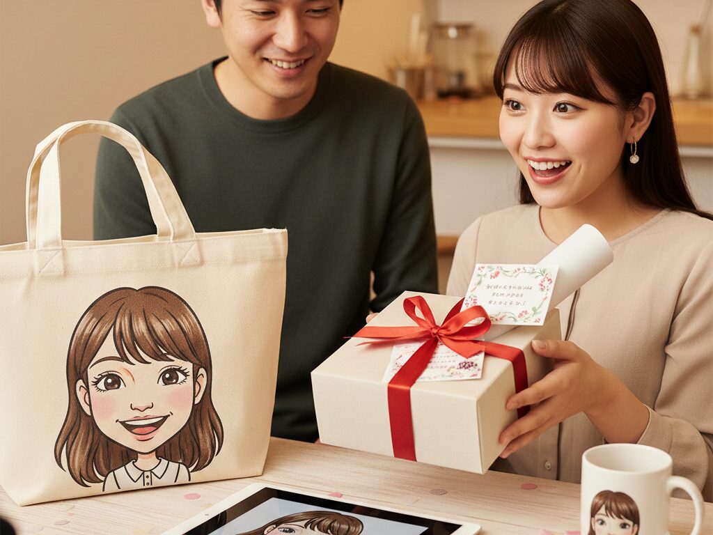 似顔絵をもらって喜ぶ女性の写真