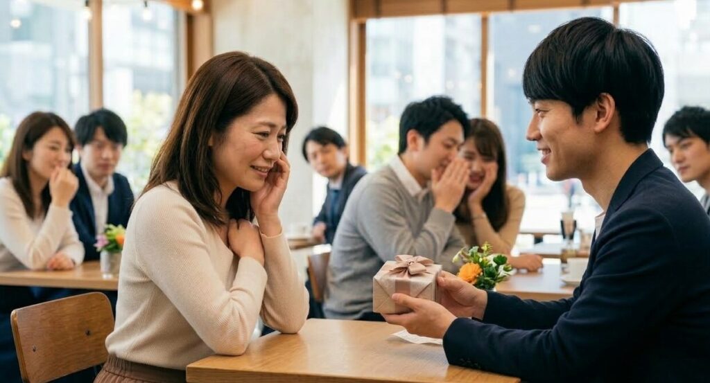 プレゼントを貰って少し困っている女性の写真