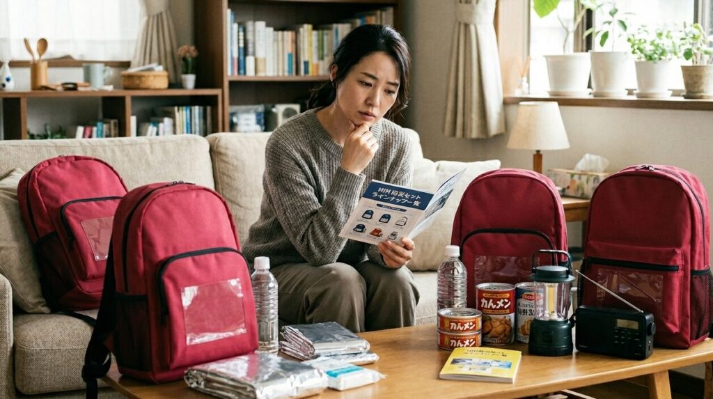 防災グッズを悩んでいる女性の写真