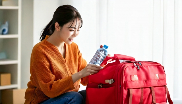 防災グッズを確認する女性の写真