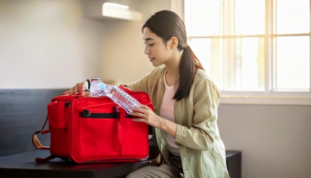 防災グッズを揃える女性の写真