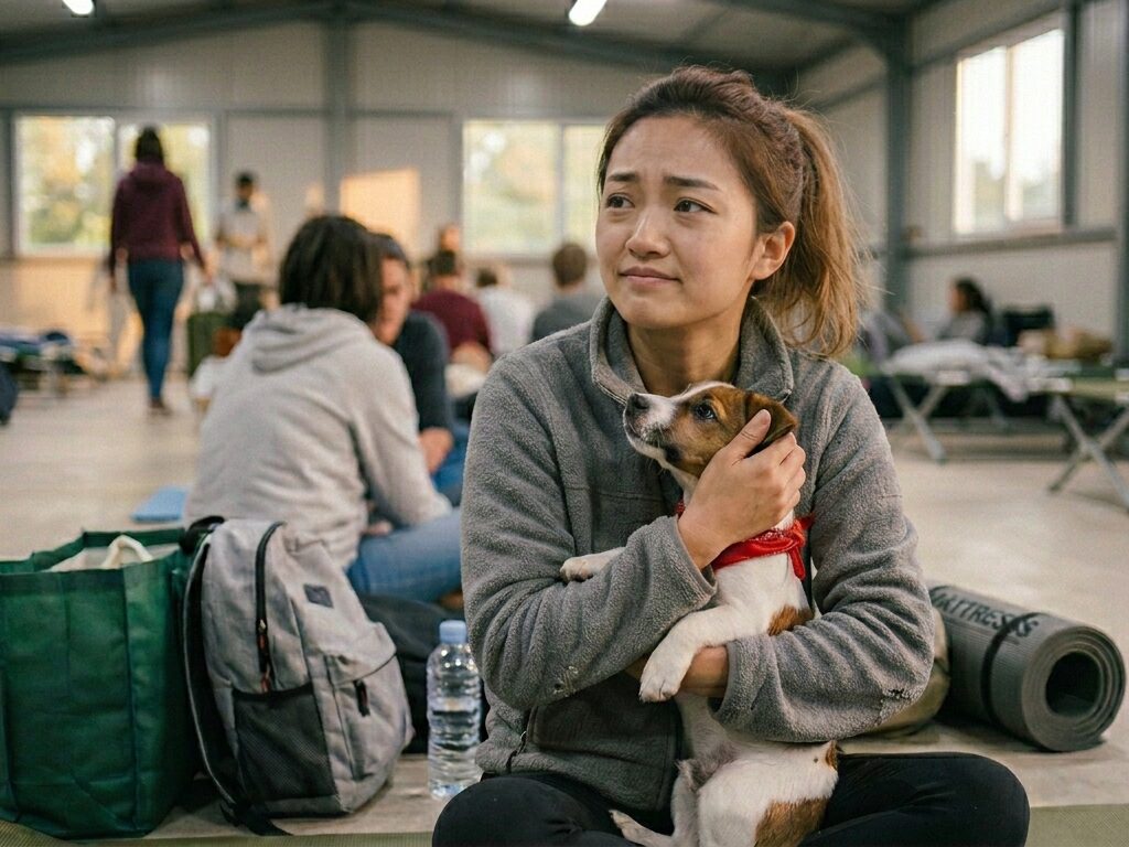 避難所でペットの対応に困っている女性の写真