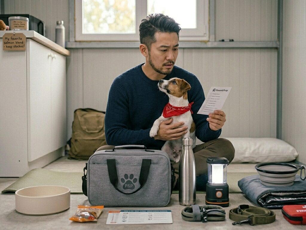 ペットの防災グッズを確認している男性の写真