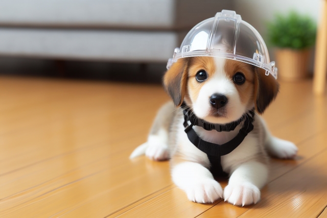ヘルメットを被った犬の写真