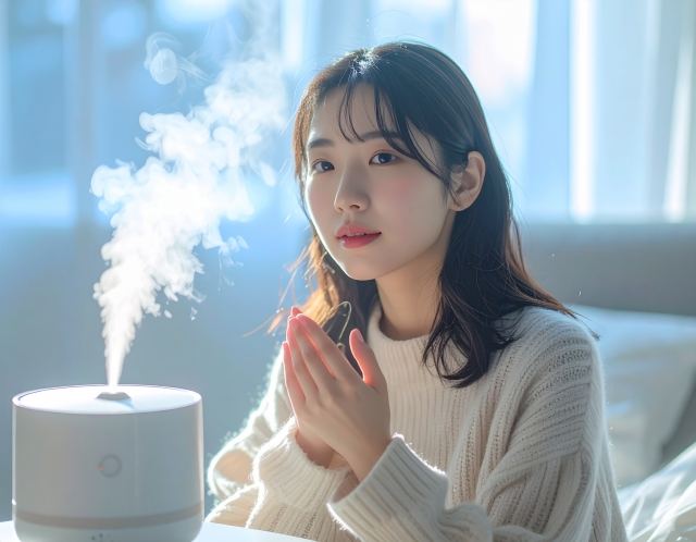 加湿器に近くにいる女性の写真