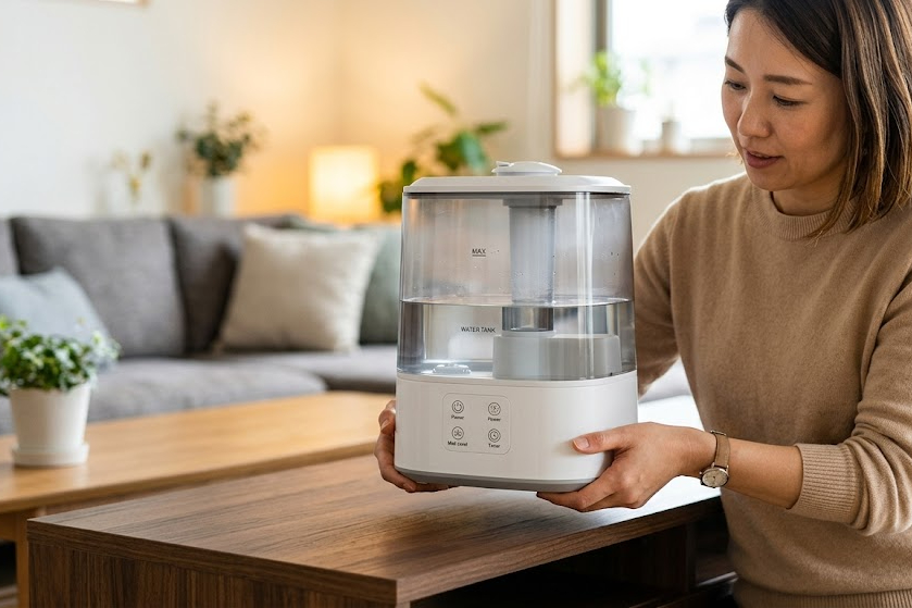 加湿器を移動している女性